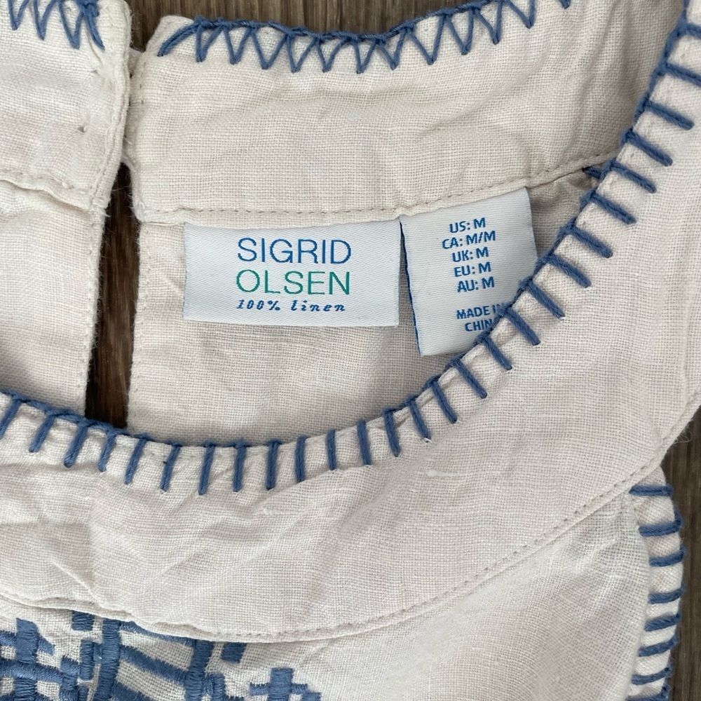 Sigrid Olsen White Blue Embroidered Linen Shift Dress Women’s Medium Coastal - Picture 2 of 6